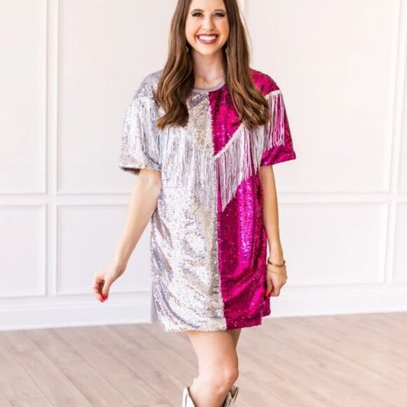 Grace + Emma - Putting On A Show Sequin Dress with Fringe - OS - Picture 1 of 5